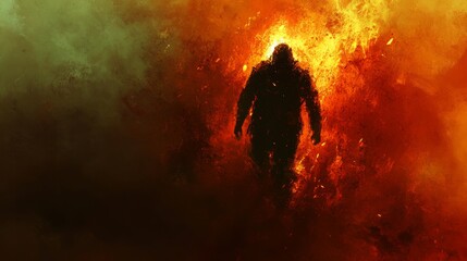 Naklejka premium Silhouette of a Person Walking Through Fire Dark Figure in Burning Embers Abstract Art