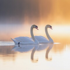 Fototapeta premium Serene Swans at Sunrise: A Beautiful Reflection on a Calm Lake