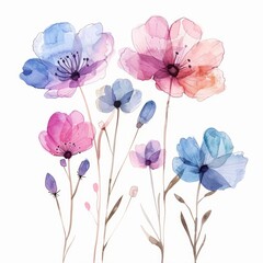 Watercolor Flowers on White Background for Spring Decor or Gift Ideas Generative AI