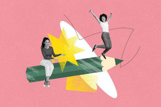 Creative photo collage young woman pencil drawing hobby cheerful smile victory winner celebrate success achieve goal aim