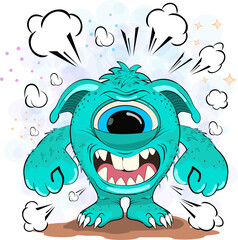 Fototapeta premium Cartoon One Eyed Monster. Illustration of a cartoon one-eyed monster against a background of dust and stars.