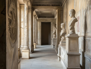 Fototapeta premium Exploring an elegant corridor filled with classical sculptures in a historic museum setting