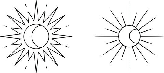 Two Simple Sun and Moon Line Art Illustrations