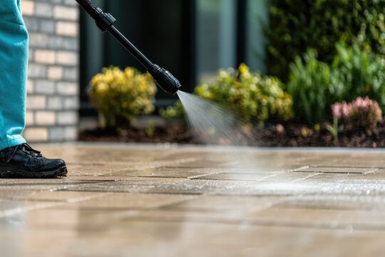 A worker operates a pressure washer, methodically cleaning outdoor tiles to remove dirt and stains, ensuring the walkway is pristine and visually appealing.
