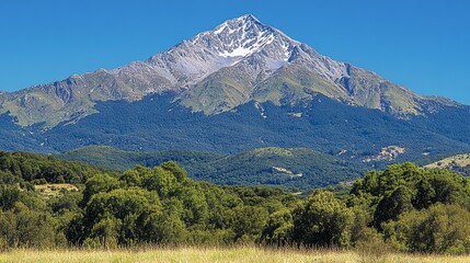 Obraz premium Majestic Mountain Peak with Forest and Grassland Landscape