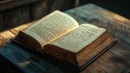 Obraz premium An open book with inspirational quotes written in elegant calligraphy, placed on a wooden table