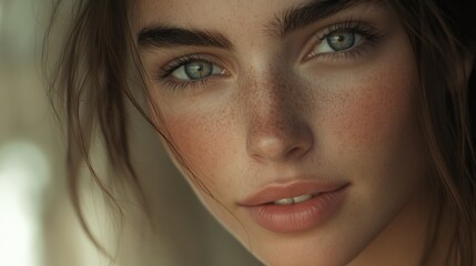 Fototapeta premium Close-Up Portrait of a Young Woman with Freckles