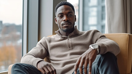A Black man in his late thirties, sitting on an armchair.