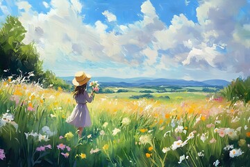 Naklejka premium acrylic paint spring flower landscape green nature drawing paining