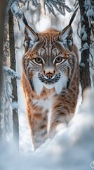 Fototapeta premium Majestic Lynx Stalking Through a Snowy Forest in Winter's Soft Light