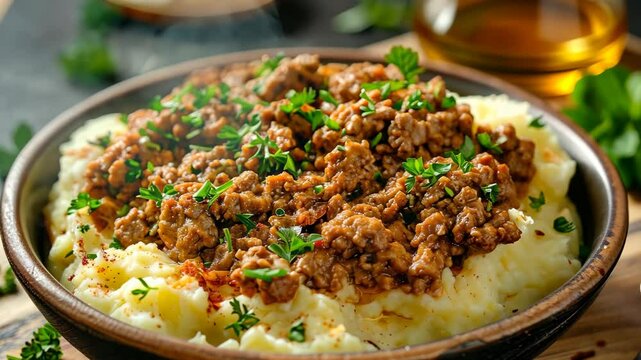 A bowl of mashed potatoes topped with ground beef and parsley