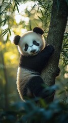 Fototapeta premium Adorable Baby Panda Climbing Tree in Bamboo Forest at Dappled Afternoon Light