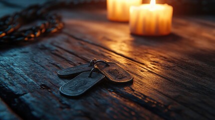 Close-up of military dog tags lying on a weathered wooden table beside a candlelit vigil