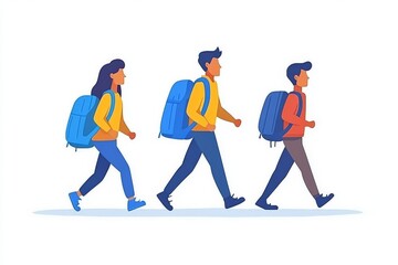 Fototapeta premium Group of hikers walking with backpacks symbolizing adventure teamwork and exploration in a colorful nature inspired illustration with vibrant tones and clean lines