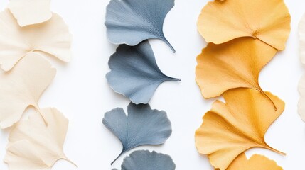 Naklejka premium This captivating 3D wall art showcases ginkgo leaves in stunning turquoise, blue, and gold. The intricate details create an elegant aesthetic, perfect for enhancing interior spaces SEAMLESS PATTERN