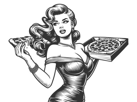 Pin-up woman with a pizza slice and a box of pizza. Retro art with food sketch engraving generative ai fictional character vector illustration. Scratch board imitation. Black and white image.