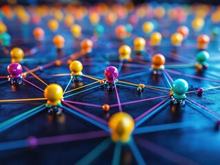 creative conceptual image of interconnected social networks, visually showcasing relationships and connections through a web of digital nodes and vibrant colors, signifying modern communication