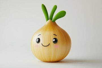 A cartoon onion with a green stem and a smiley face