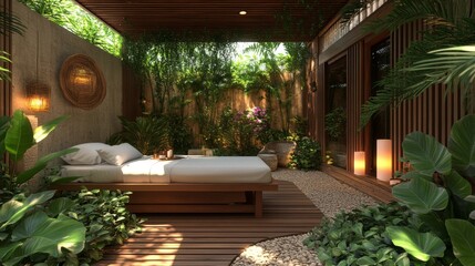 Tropical Courtyard with Bed  Wooden Deck  and Lush Greenery