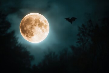 Fototapeta premium A single bat flies across the sky, its silhouette sharp and distinct against the radiant full moon, creating a mystical and eerie atmosphere in the night sky.