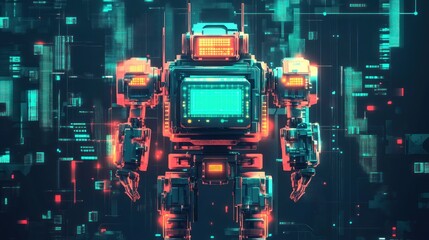 Powerful robot is standing surrounded by digital data, glowing lights and futuristic technology