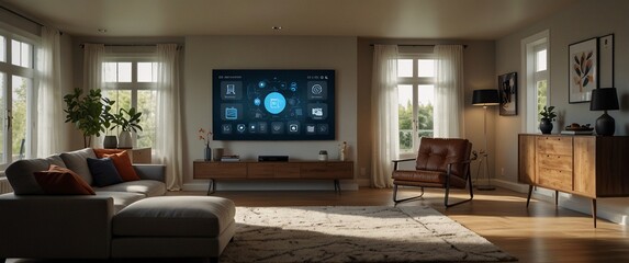 illustrate the concept of the Internet of Things with an image of a smart home, featuring various connected devices and appliances, shot from a low angle with a wide-angle lens to showcase the entire 