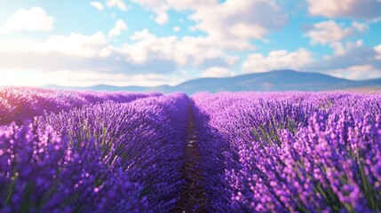 Obraz premium Picturesque Lavender Field with Clear Blue Sky and Gentle Breeze - Perfect for Relaxation and Wellness Concepts Generative AI