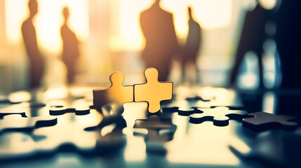 Two puzzle pieces fit together, representing teamwork, against a background of blurry silhouettes.