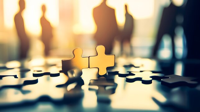 Two puzzle pieces fit together, representing teamwork, against a background of blurry silhouettes.