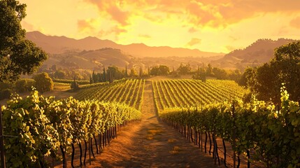 Fototapeta premium Serene Vineyard Landscape with Rolling Hills and Golden Sunset, ideal for wine and travel industry Generative AI