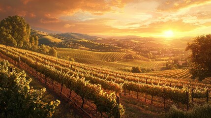Fototapeta premium Serene Vineyard Landscape at Sunset, Ideal for Wine and Travel Industry Generative AI