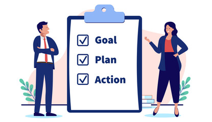 Businesspeople with strategy on white clipboard - Two people writing checklist and plan for goals and action in business, standing and smiling together as a team. Flat design vector stock illustration © Knut