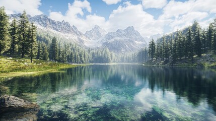Fototapeta premium Serene Alpine Lake Landscape with Pine Trees and Mountain Reflections, Perfect for Nature and Travel Themes Generative AI