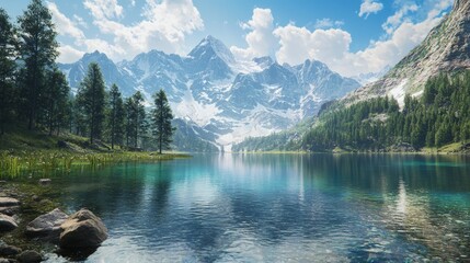 Serene Alpine Lake Landscape with Pine Trees and Mountain Reflections, Perfect for Nature and Travel Themes Generative AI