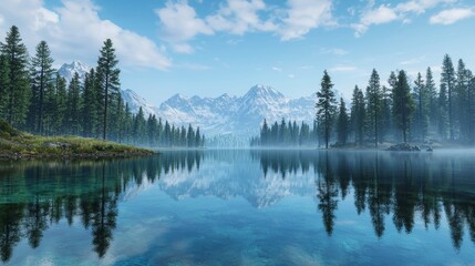 Fototapeta premium Serene Alpine Lake Landscape with Pine Trees and Mountain Reflection Generative AI