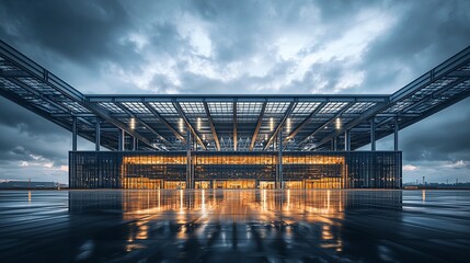 Fototapeta premium Modern Sports Stadium Design: Sleek Beams and Open Roof in Soft Afternoon Light