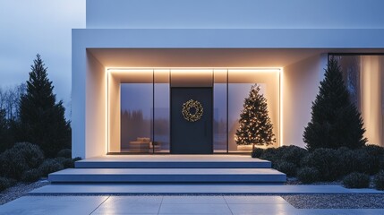 Modern entrance with a wreath and Christmas tree, illuminated for the holiday season.