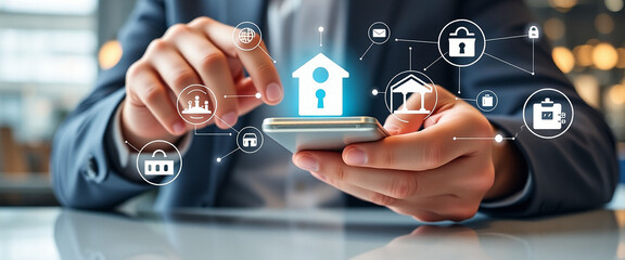 Naklejka premium Businessman hand Using mobile phone to connect Financial and banking networking digital online marketing on modern interface icons on strategy