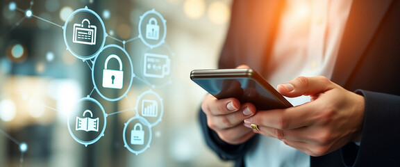 Businessman hand Using mobile phone to connect Financial and banking networking digital online marketing on modern interface icons on strategy