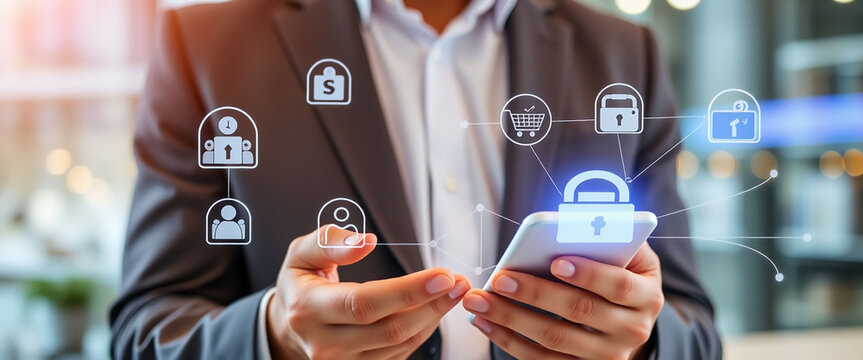 Businessman hand Using mobile phone to connect Financial and banking networking digital online marketing on modern interface icons on strategy