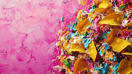 Colorful Nachos with Cheese  Beans  and Tortilla Chips on Pink Background