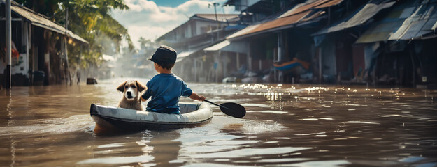 A young boy paddling a small boat with his dog through a flooded town after a flood disaster.