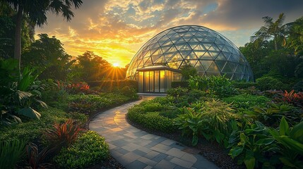 Fototapeta premium Stunning Futuristic Glass Dome Surrounded by Lush Garden at Sunset