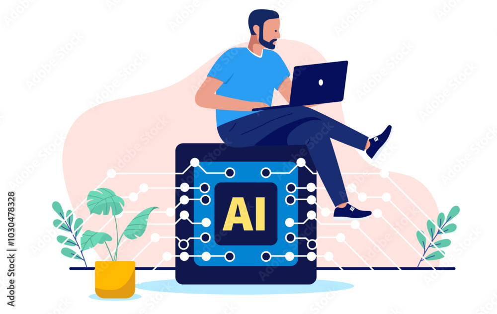 Aufkleber using ai at work - man working and writing on laptop computer with the help of artificial intelligen