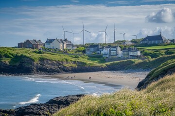 A serene coastal village view with green hills and wind turbines overlooking the beach. The blend of nature and modernity shines brightly. Generative AI