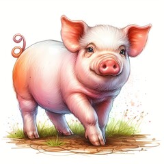 Illustration of a Cute Pink Piglet Standing on Grass with a Curly Tail