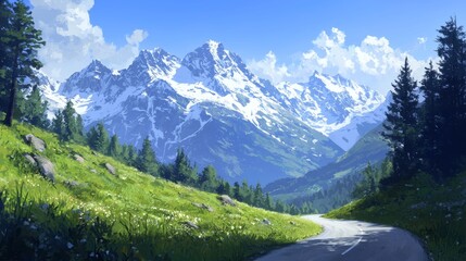 Serene Mountain Pass with Snowcapped Peaks and Winding Road Generative AI