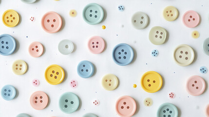 Fototapeta premium Pastel Colored Buttons Scattered On White Background Sewing Craft Supplies