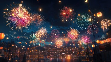 A stunning mockup depicting fireworks lighting up the night sky over a vibrant festival