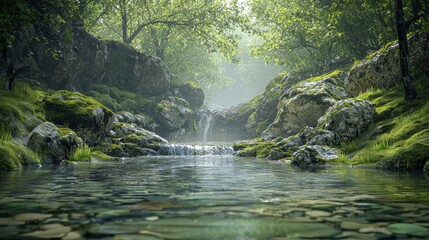 Serene Mountain Stream with Moss-Covered Rocks and Overhanging Trees for Relaxation and Nature Escapes Generative AI